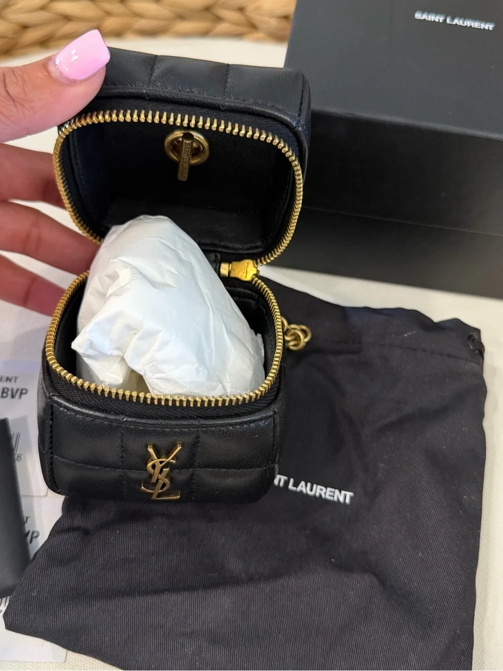 Authentic Saint Laurent Black Quilted Leather Mini Vanity Purse